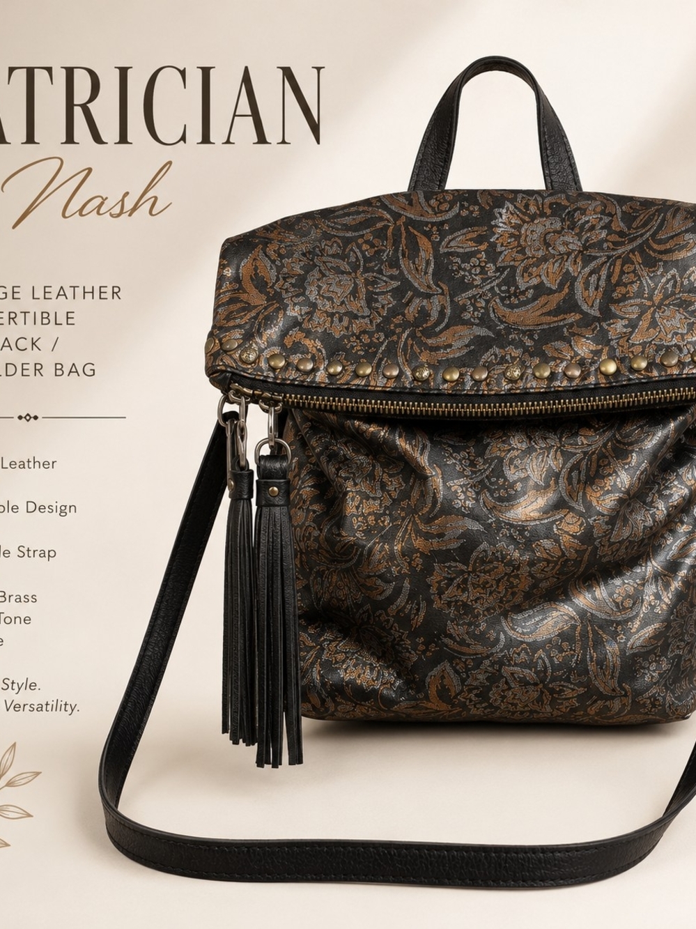 Patricia Nash Black and Bronze Floral Convertible Leather Backpack